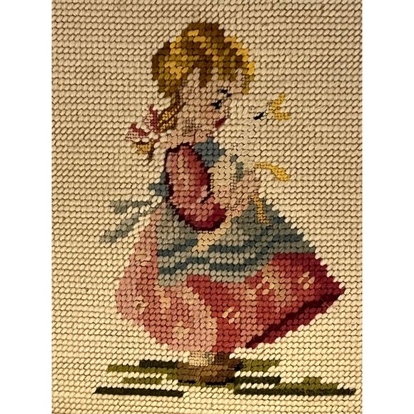 2 Vintage Needlepoint Boy Butterfly Girl Duck Gold Framed Wall Hangings 10" - Picture 7 of 7